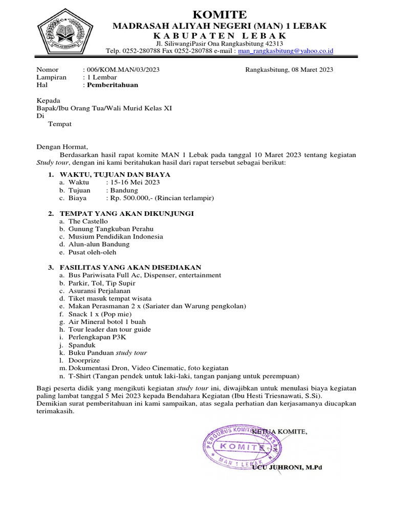 Surat Edaran Hasil Rapat Komite Tour | PDF