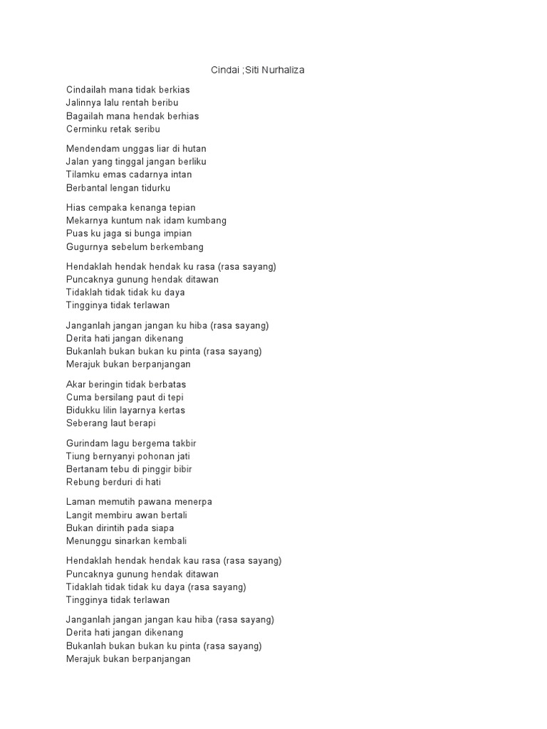 Lirik Lagu Cindai Siti Nurhaliza PDF