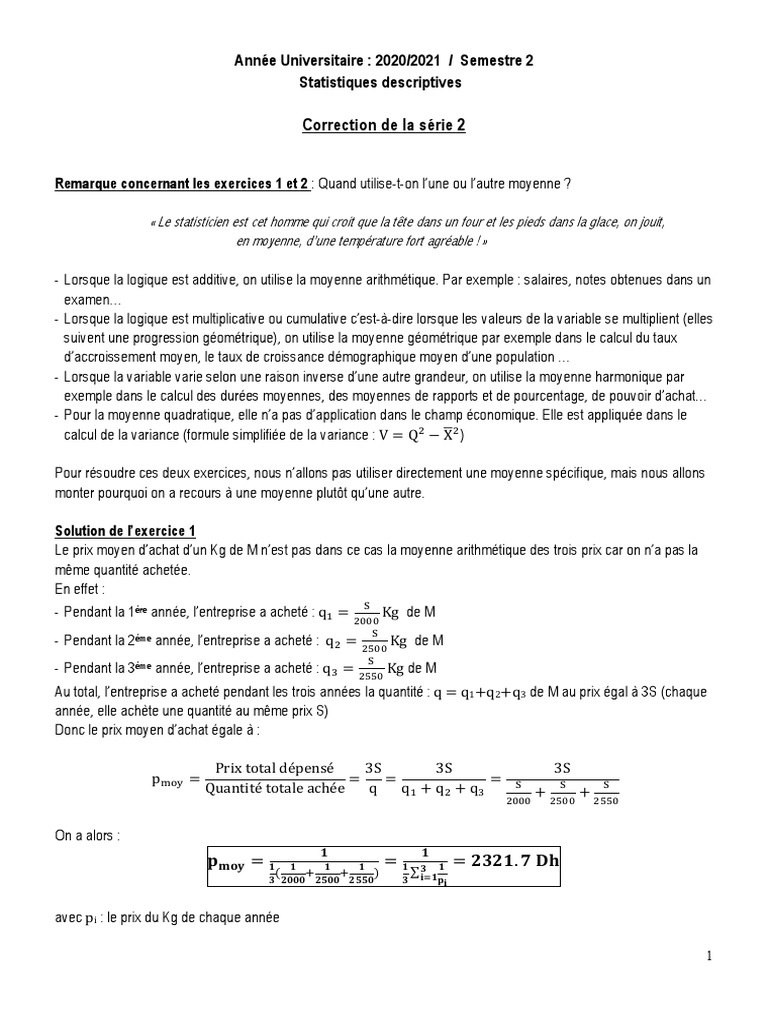 Série 2 - Correction | PDF | Moyenne | Échantillonnage (Statistiques)