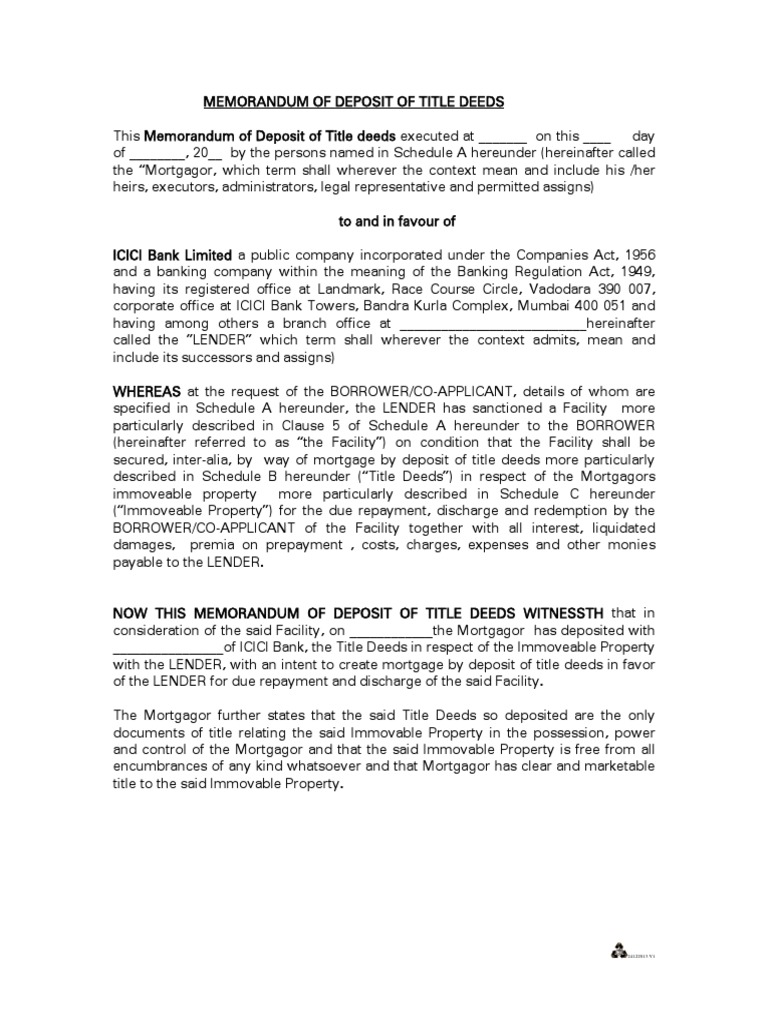 Memorandum of Deposit of Title Deeds | PDF | Mortgage Law | Demand For ...