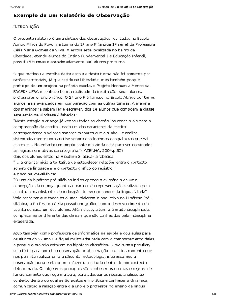 Exemplo de um Relatório de Observação | PDF | Aprendizado | Cognição