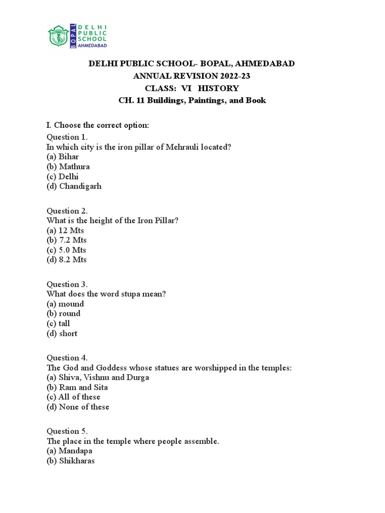 Delhi Public SchoolBopal, Ahmedabad Annual Revision 202223 Class Vi