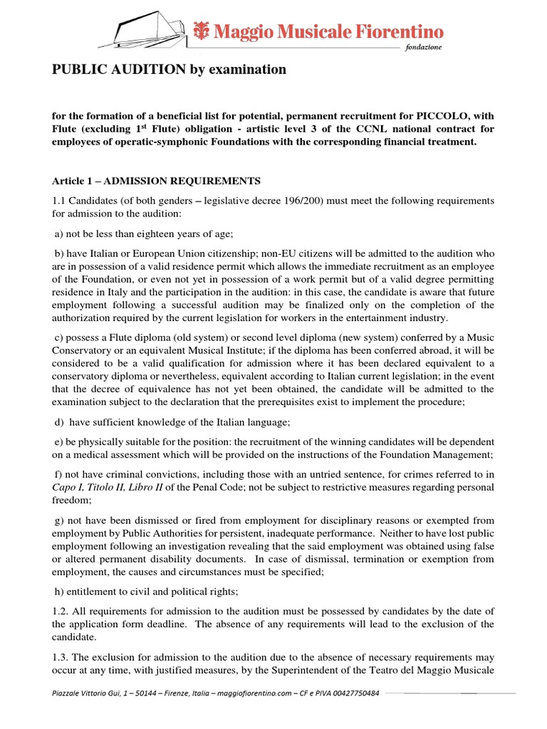 PICCOLO Public audition by examination PDF Recruitment Symphony