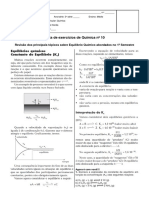 Lista de Exercícios de Química Nº 10: Revisão Dos Principais Tópicos Sobre Equilíbrio Químico Abordados No 1º Semestre