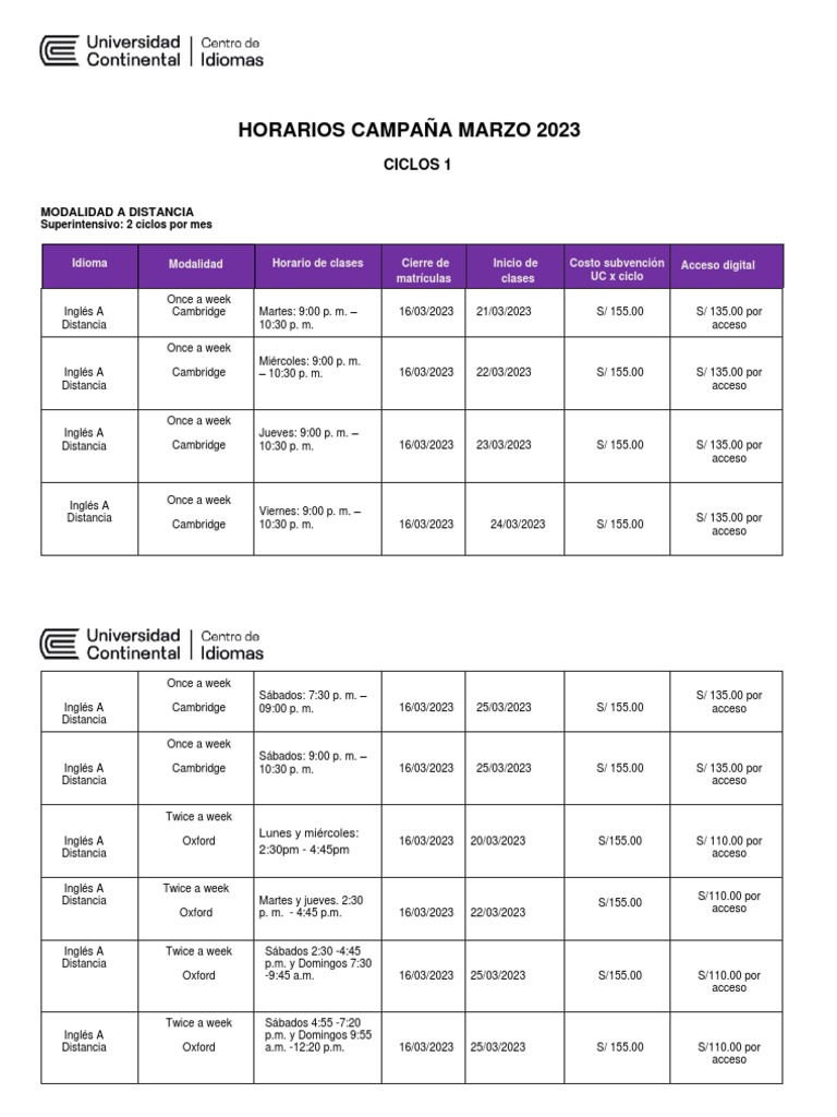 Cursos de Inglés UC - Marzo 2023 | PDF