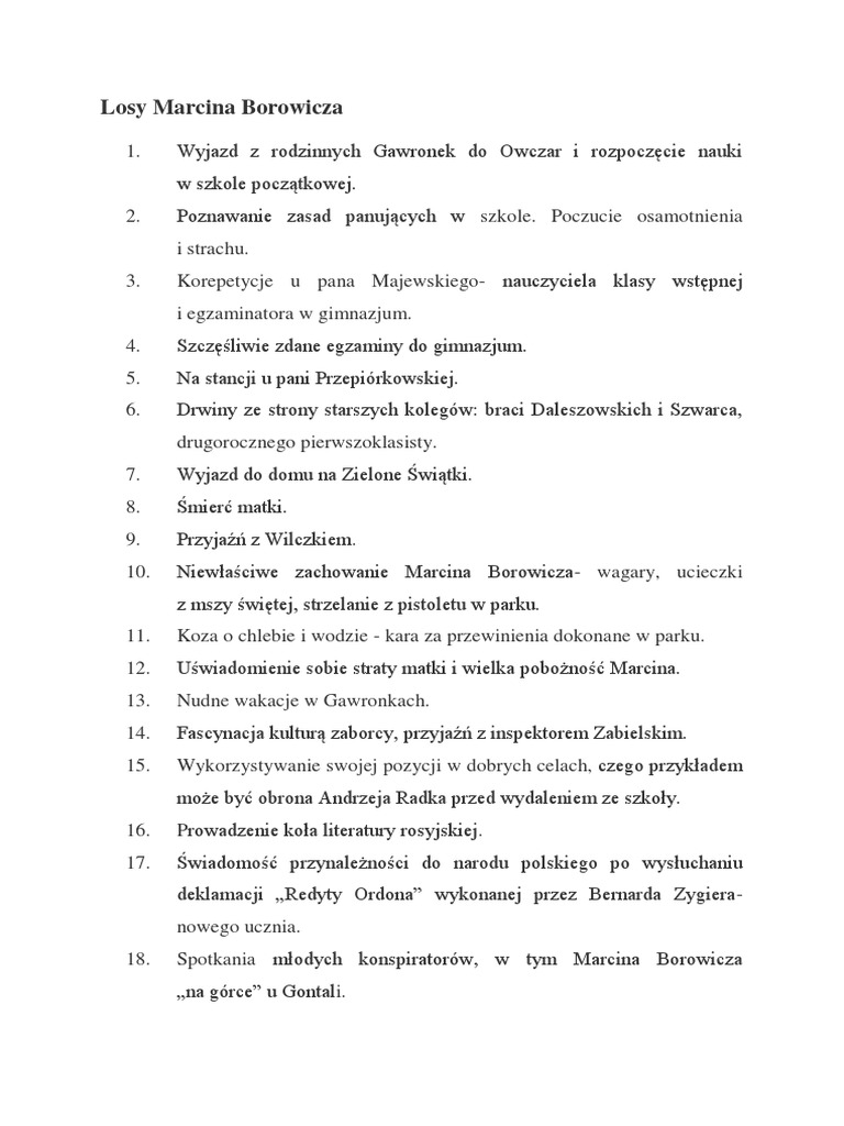 Przemiana Marcina Borowicza Losy Marcina Borowicza | PDF