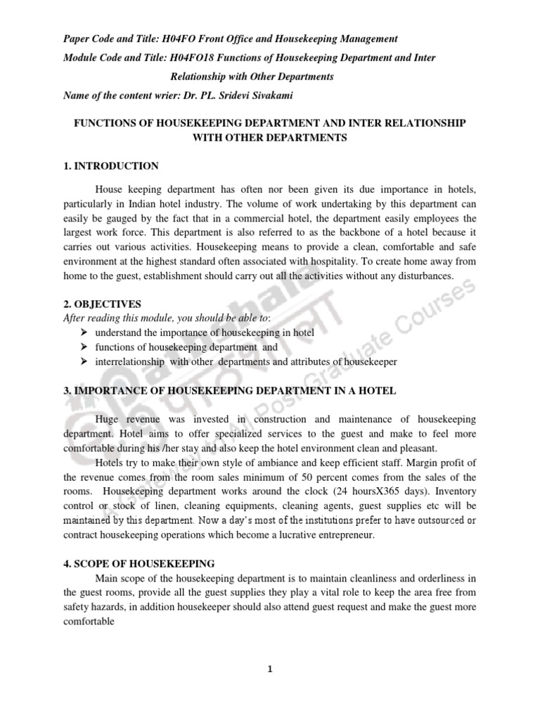 Functions of Housekeeping Department and Inter Relationship With Other