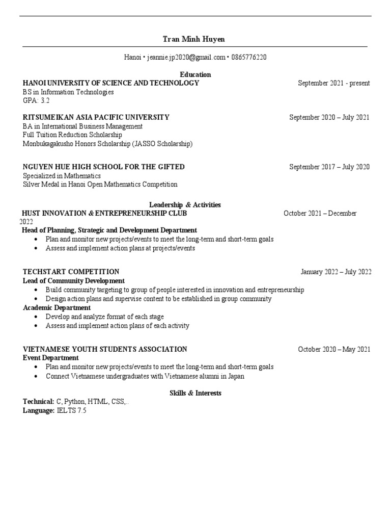Tran Minh Huyen's Academic Profile | PDF