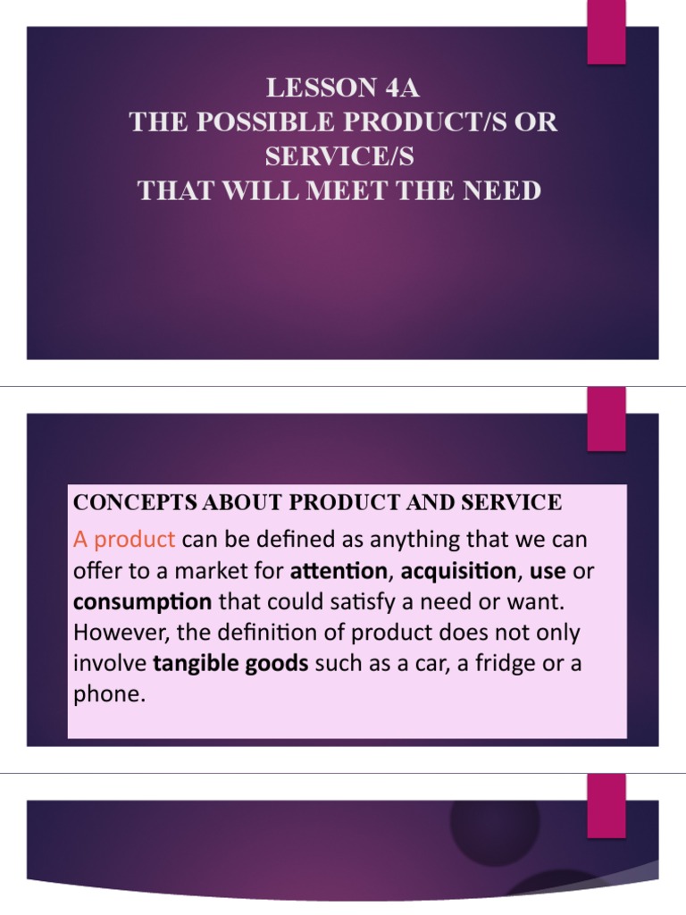 Lesson 4A The Possible Product/S or Service/S That Will Meet The Need ...