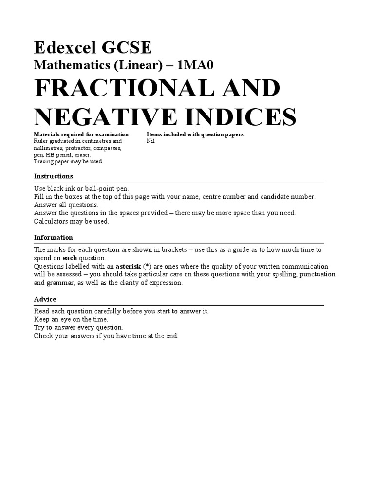 Fractional and Negative Indices Edexcel GCSE PDF Mathematics