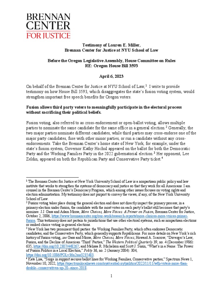 Brennan Center or HB 3593 Testimony PDF Voting Elections