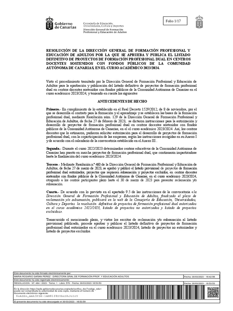 Res484 2023 Listado Definitivo Proyectos FP Dual2023 2024 PDF