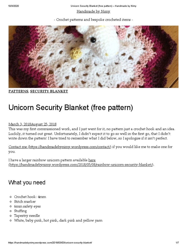 Unicorn Security Blanket, PDF, Crochet