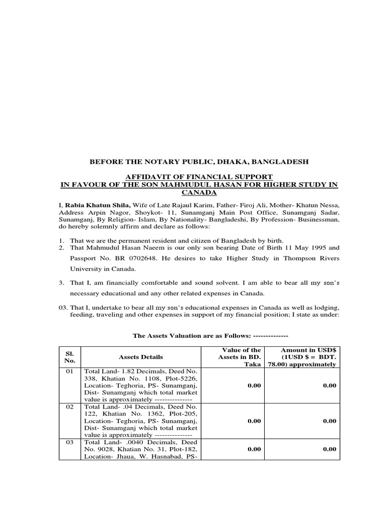 Before The Notary Public, Dhaka, Bangladesh Affidavit of Financial