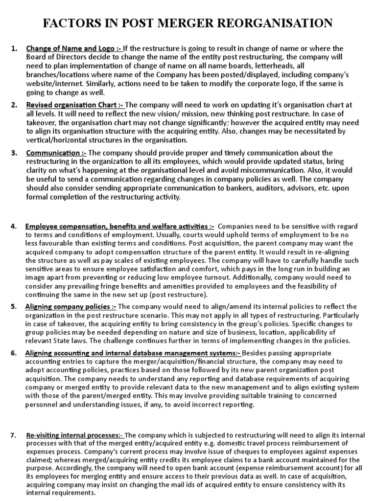 Post-Merger Reorganization Factors | PDF | Mergers And Acquisitions ...