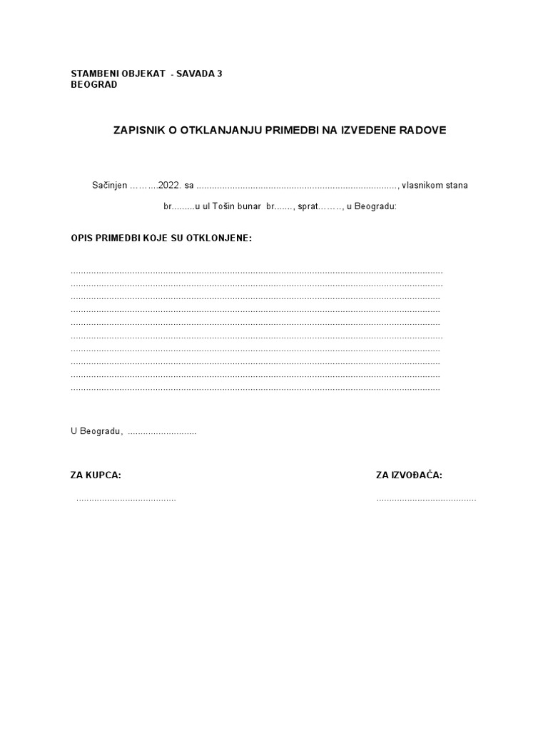 Zapisnik O Otklanjanju Primedbi Na Izvedene Radove: Stambeni Objekat ...