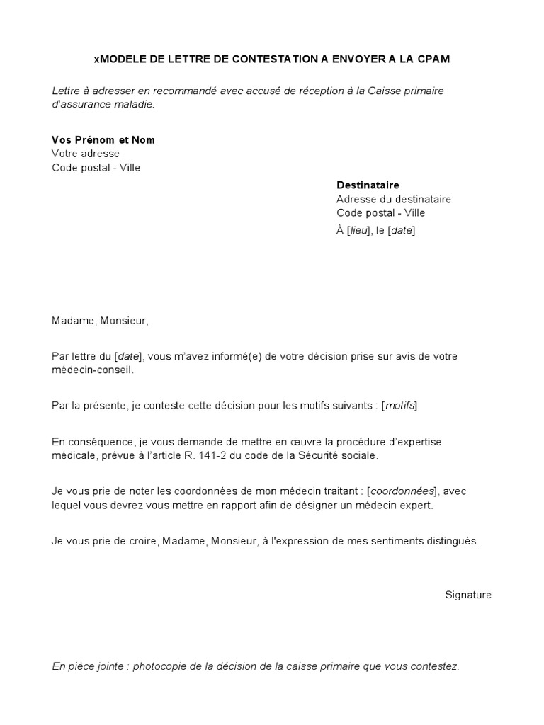 Modèle de lettre de contestation CPAM | PDF | Droit
