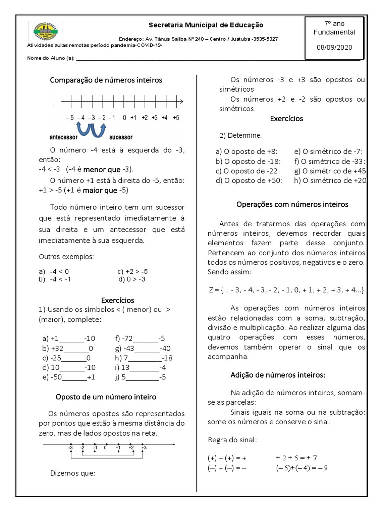 Atividades de Matemática para o 7o ano sobre Números Inteiros | PDF ...