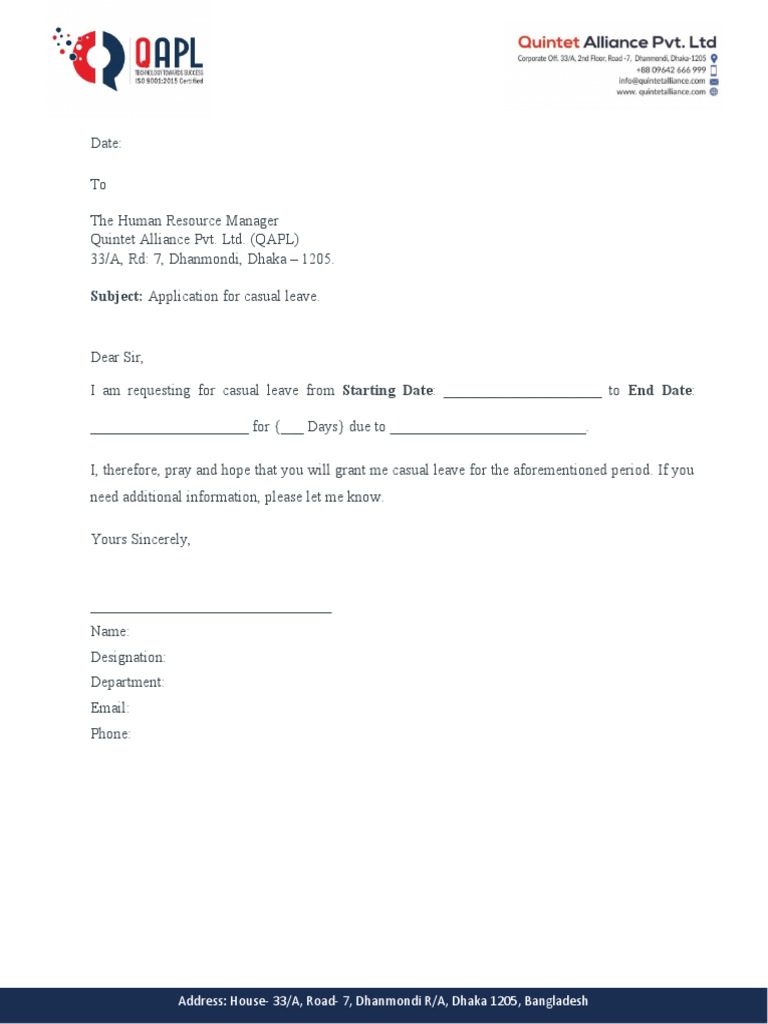 Casual Leave Application Template | PDF