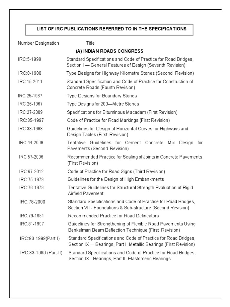 IRC Code Publications for Road Standards | PDF | Concrete | Road Surface