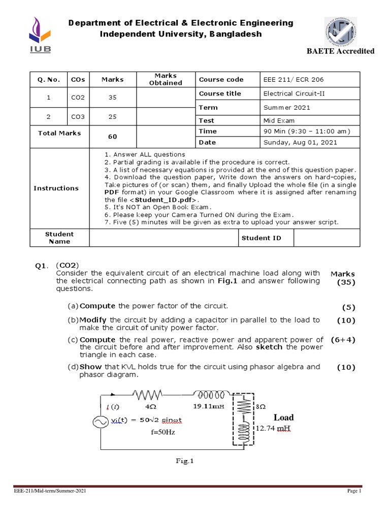 EEE-211 Midterm Exam Questions 2021 | PDF | Electronic Filter | Ac Power