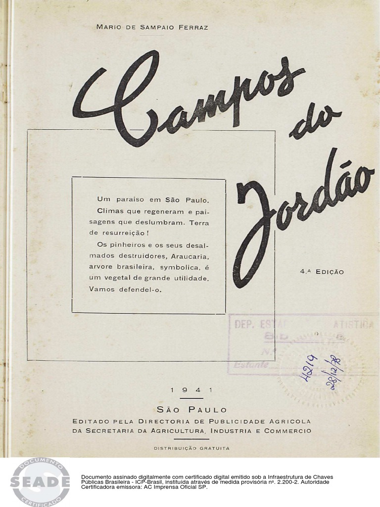 Mario de Sampaio Ferraz. Campos Do Jordão. São Paulo Directoria de ...