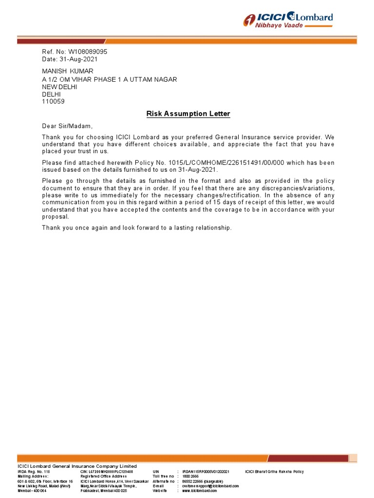 Risk Assumption Letter: Manish Kumar | PDF | Insurance | Financial Services