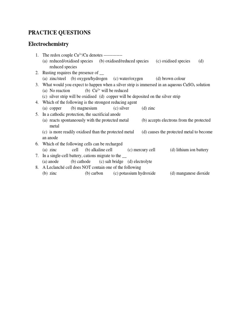 Electrochemistry Questions PDF