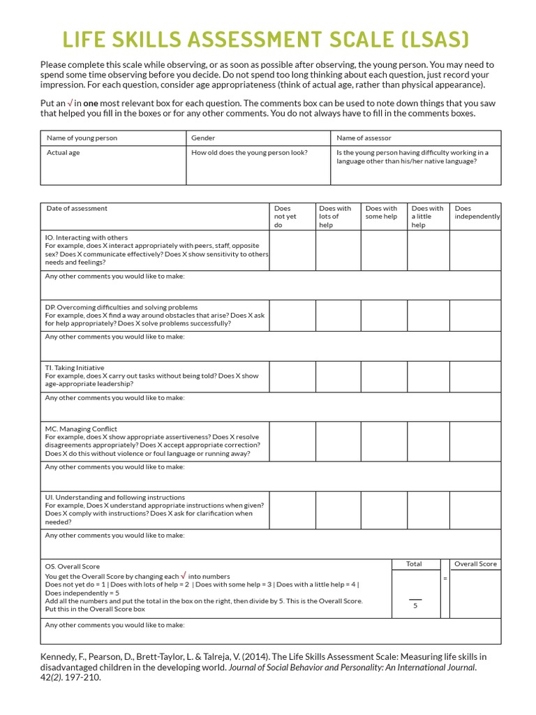 Life Skills Assessment Scale LSAS PDF Psychology National