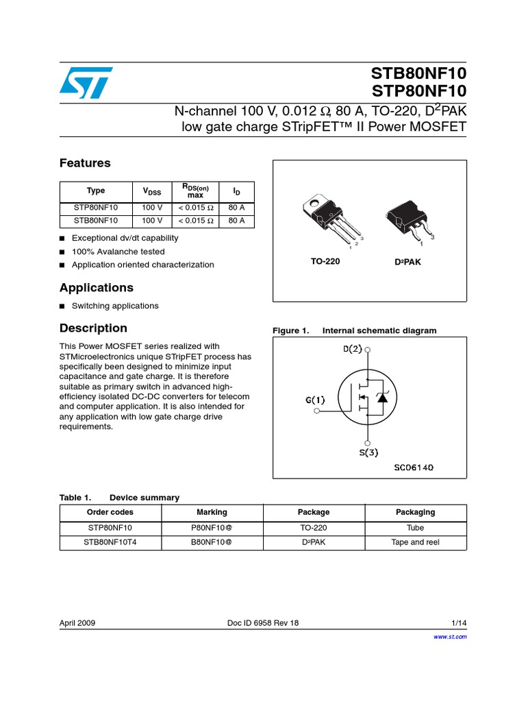 STP 80 NF 10 | PDF | Diode | Mosfet