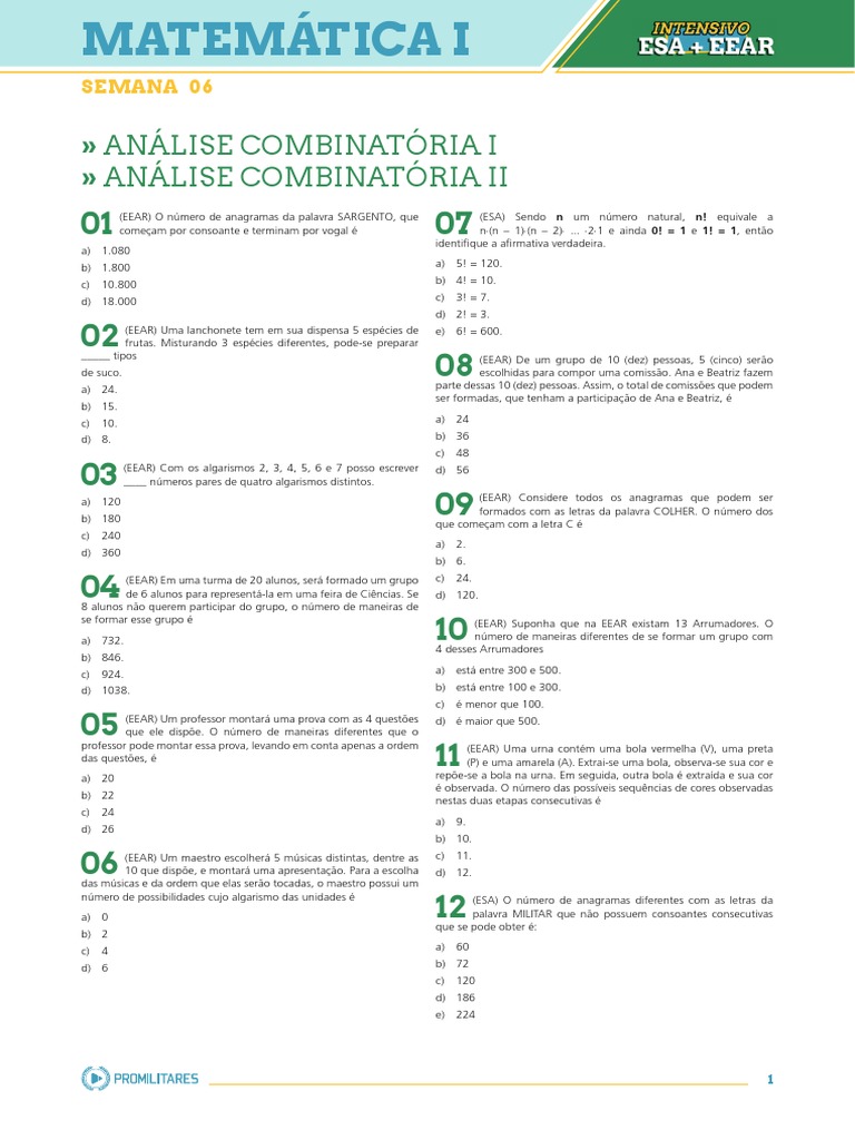 Matemática I - Semana 06: Análise Combinatória I e II e Exercícios de ...