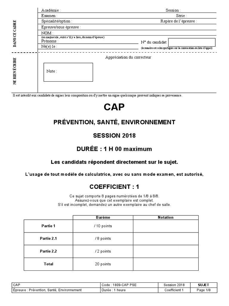 Sujet Examen Pse Cap Sujet CAP PSE | PDF