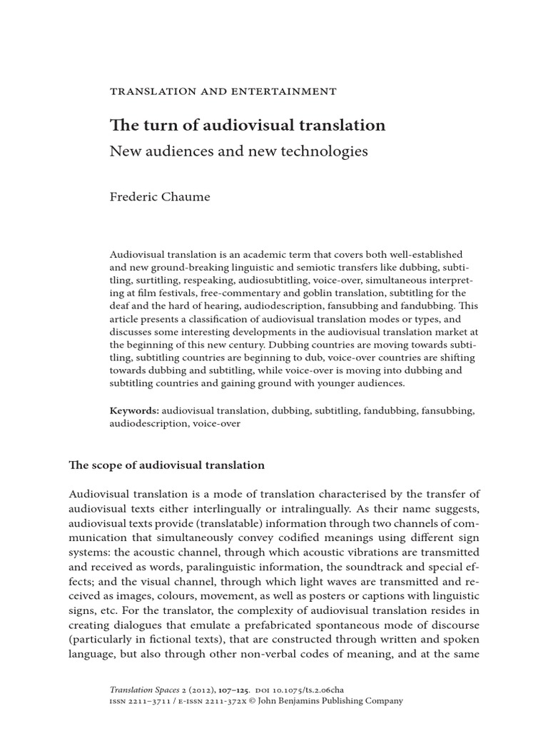 The Turn of Audiovisual Translation Chaume | PDF | Translations ...