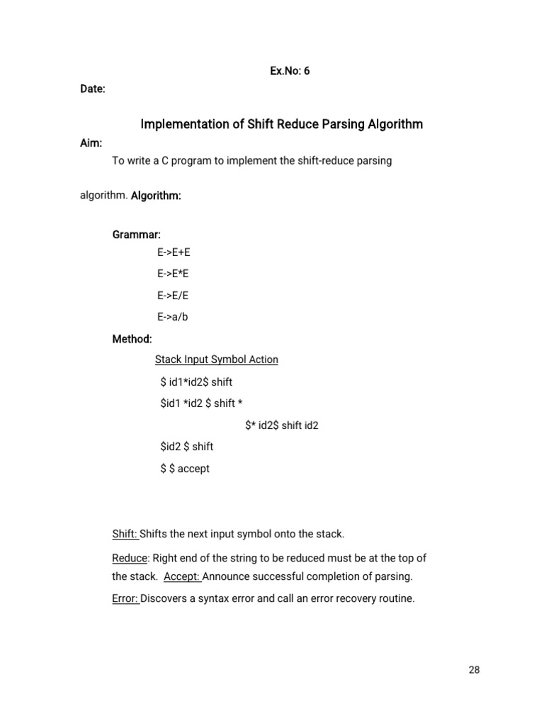 Implementation of shift reduce parsing algorithm action pdf