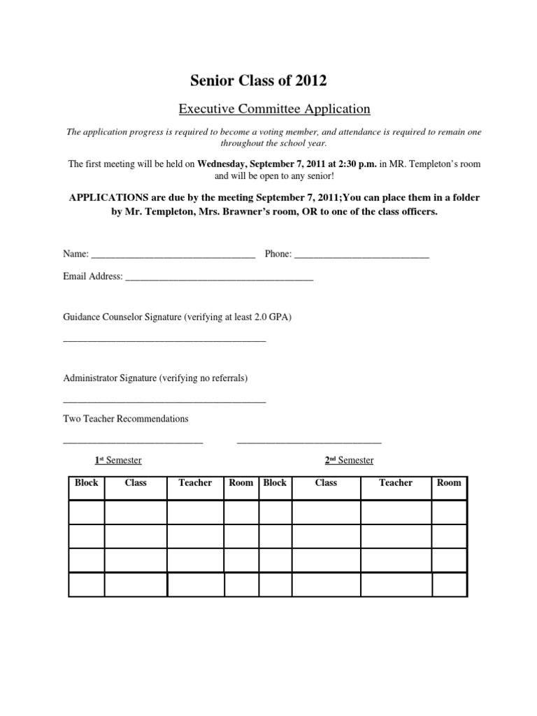 Senior Class Executive Committee Application | PDF | Prom | Audition