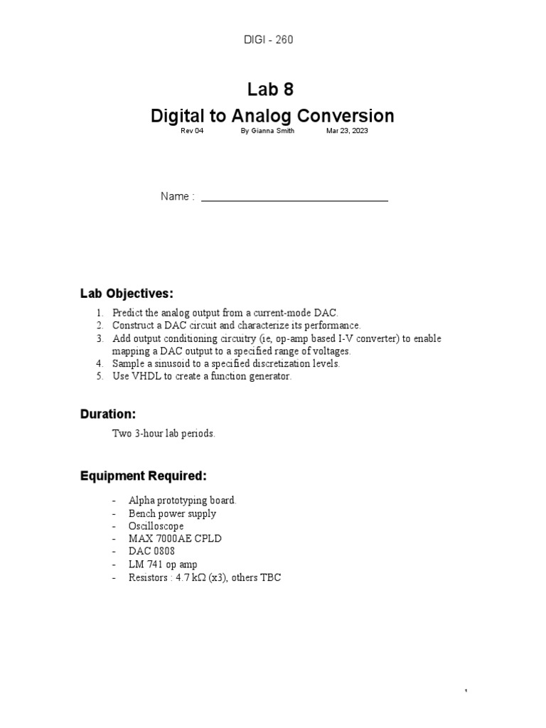 DIGI260 Lab 08 DigitaltoAnalog Conversion Rev 04 PDF