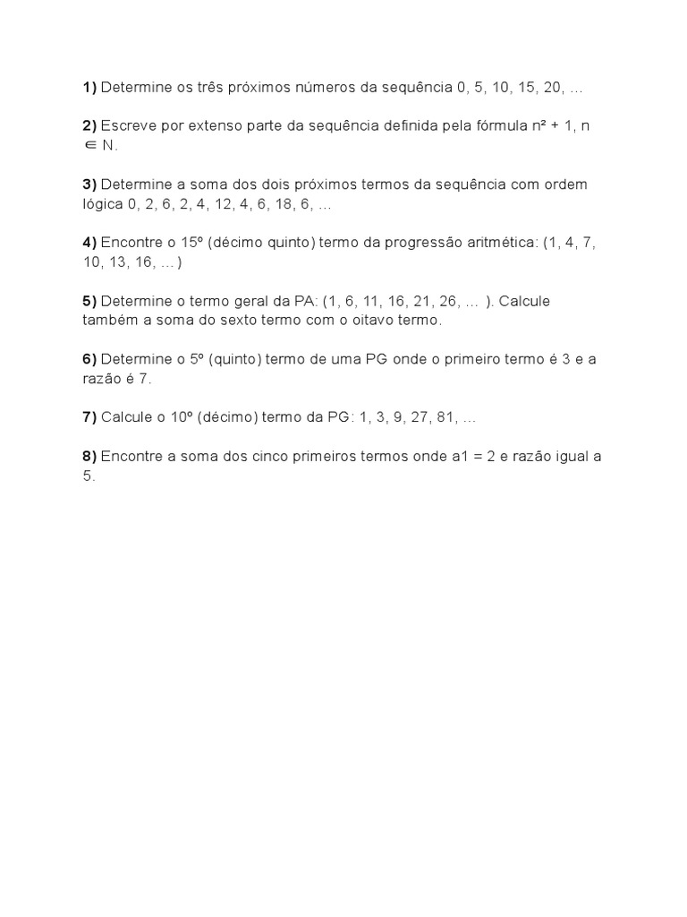 Exercícios de Sequência Numérica 7º e 8º Ano | PDF | Sequência | Matemática