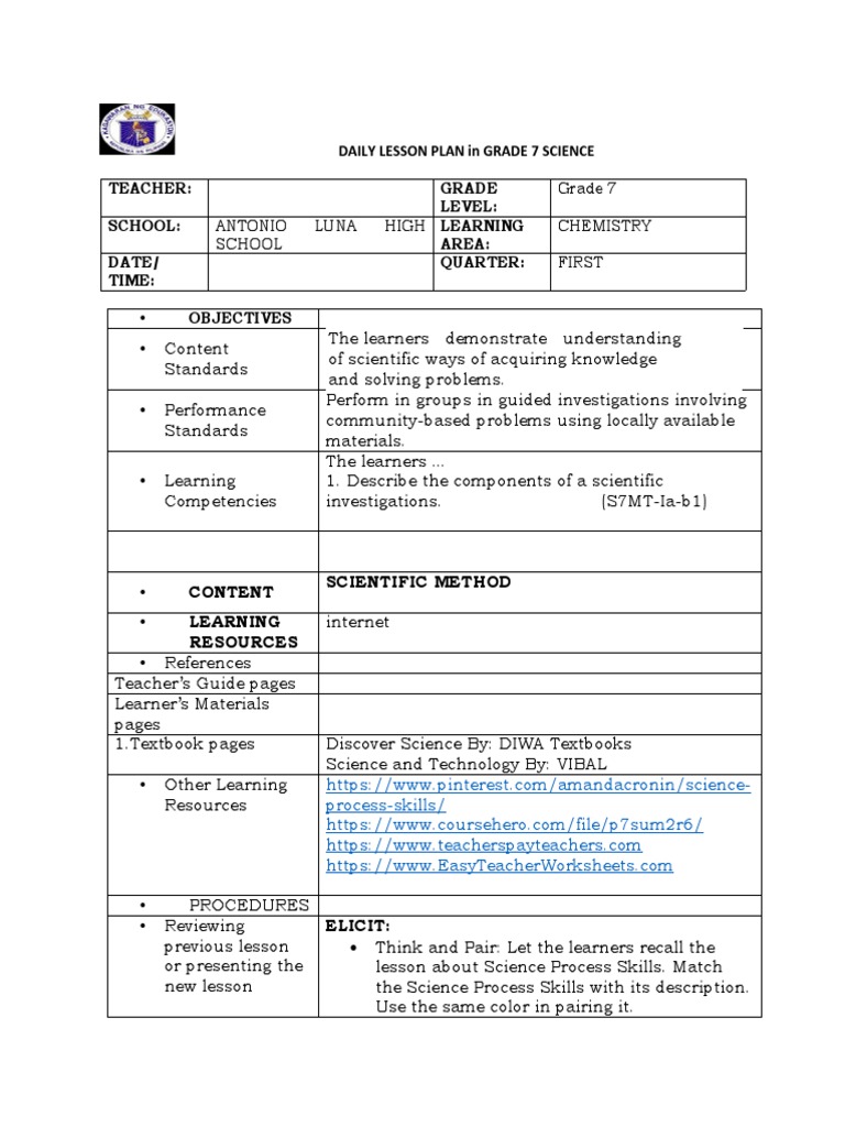 Grade 7 Scientific Method Lesson Plan | PDF | Learning | Science