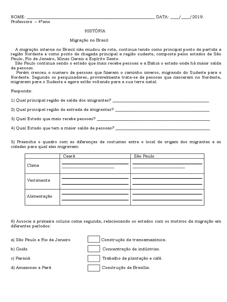 4 Ano História 4º Ano Migração No Brasil | PDF | Imigração | Brasil