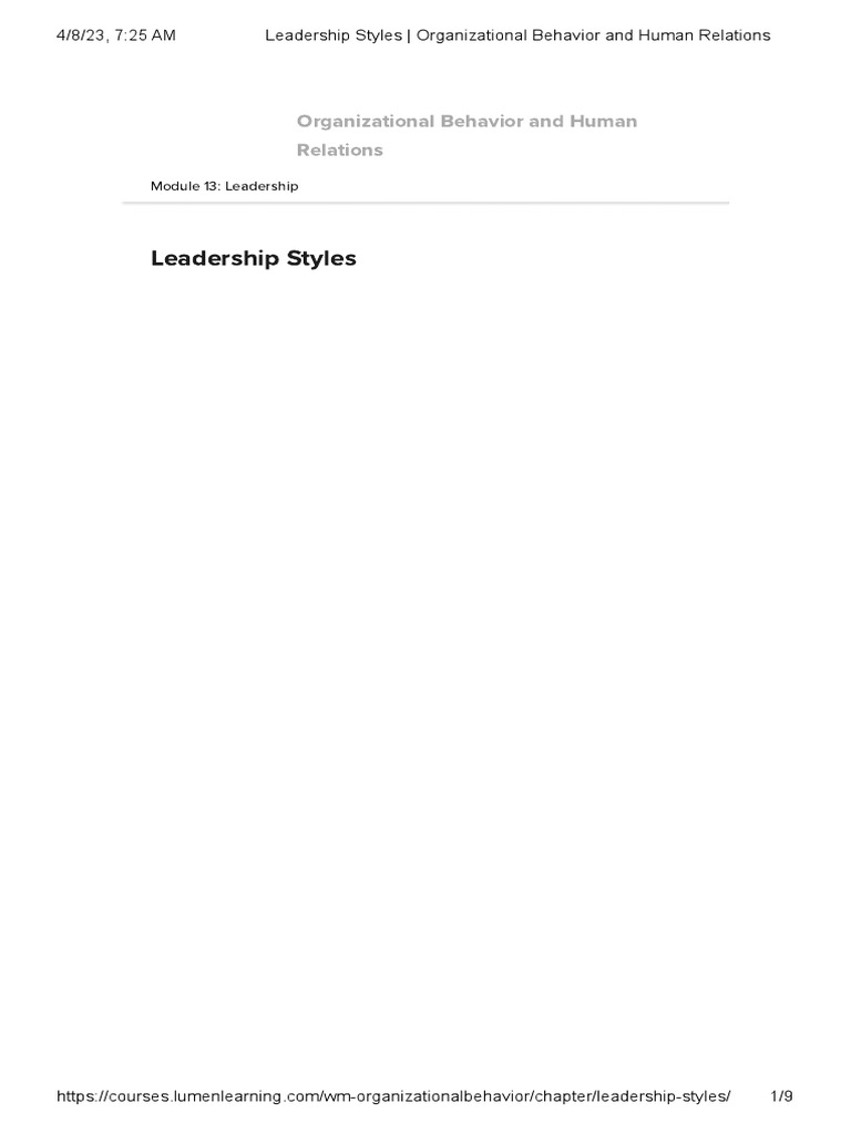 Leadership Styles Organizational Behavior and Human Relations