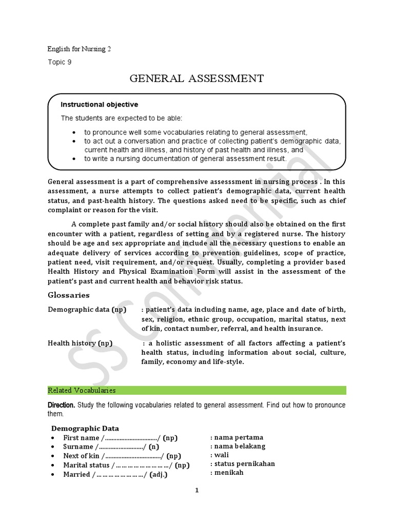 English For Nursing Topic 9 General Assessment | Download Free PDF ...