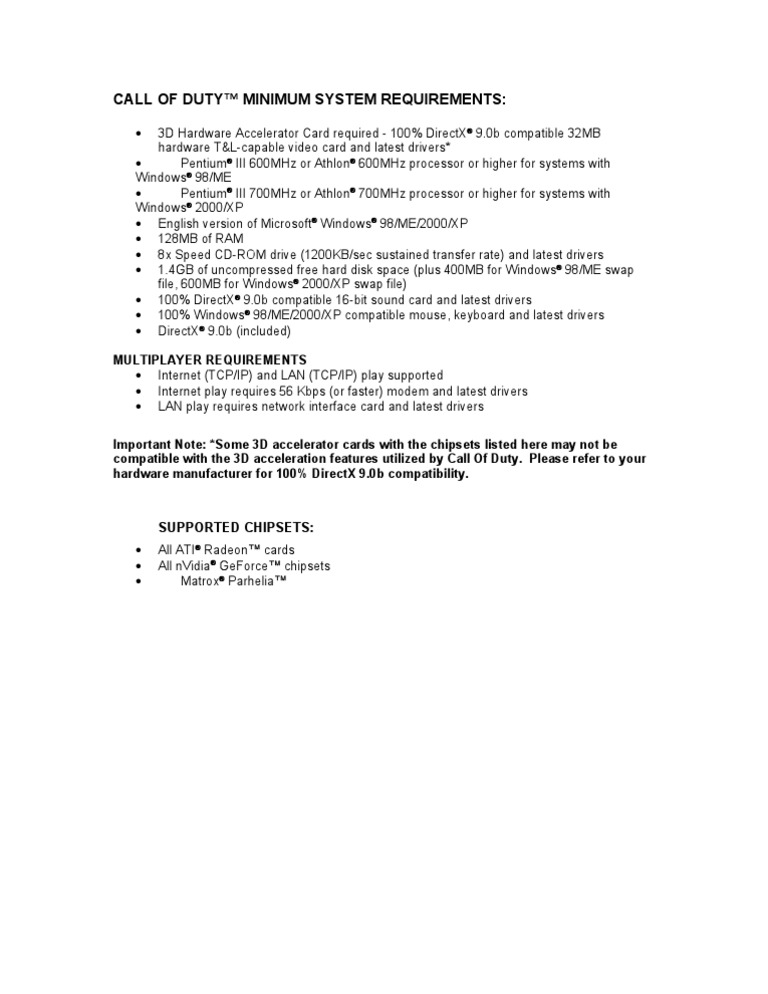Call of Duty™ Minimum System Requirements | PDF | Technology & Engineering
