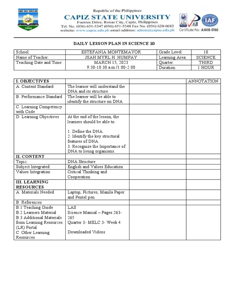 DNA Structure Lesson Plan for Grade 10 | PDF | Dna | Organic Compounds