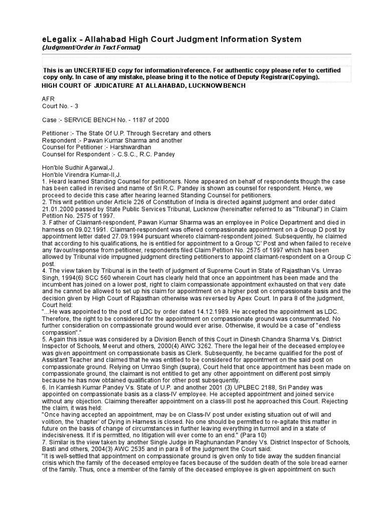 Allahabad HC Ruling on Compassionate Appointment | PDF | Judgment (Law ...