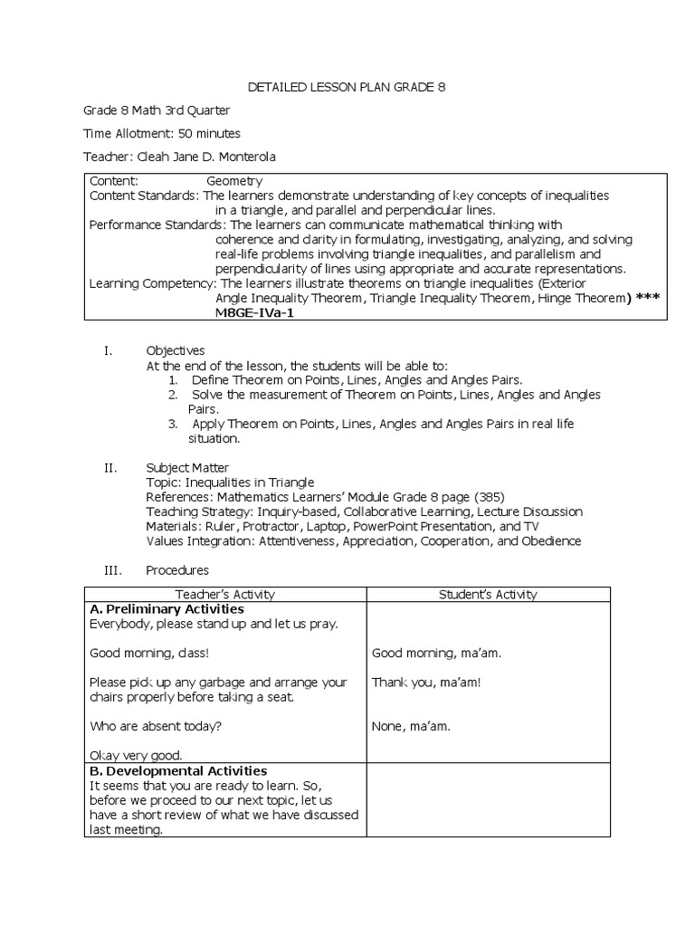 Grade 8 Geometry Lesson Plan | PDF | Geometry | Elementary Geometry