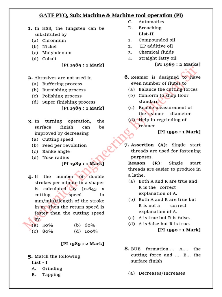 Machining and Machine Tool Operation PI GATE 2020 Previous Year With