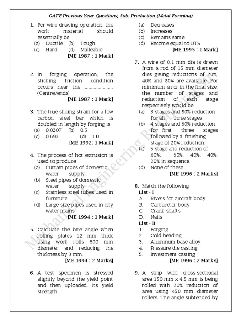 GATE Production Metal Forming Questions | PDF | Deformation ...