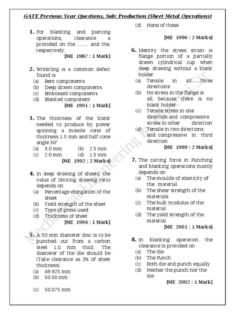 GATE Production Sheet Metal Q&A | PDF | Sheet Metal | Strength Of Materials