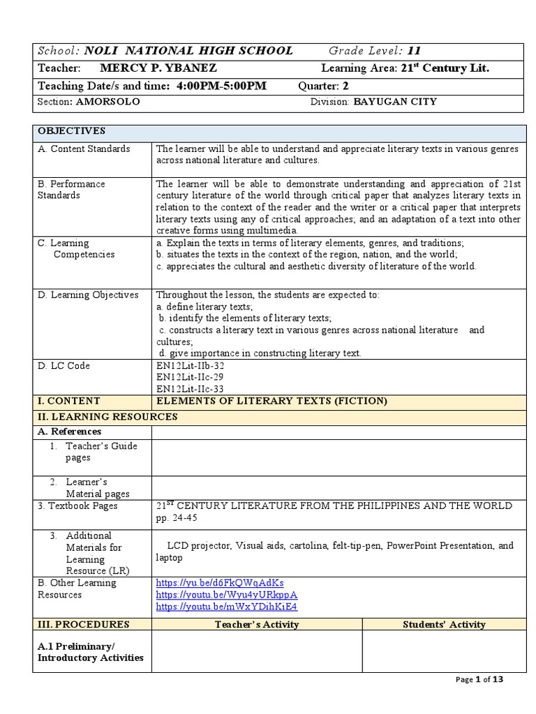 21st Century Literature Lesson Plan | PDF | Cognition