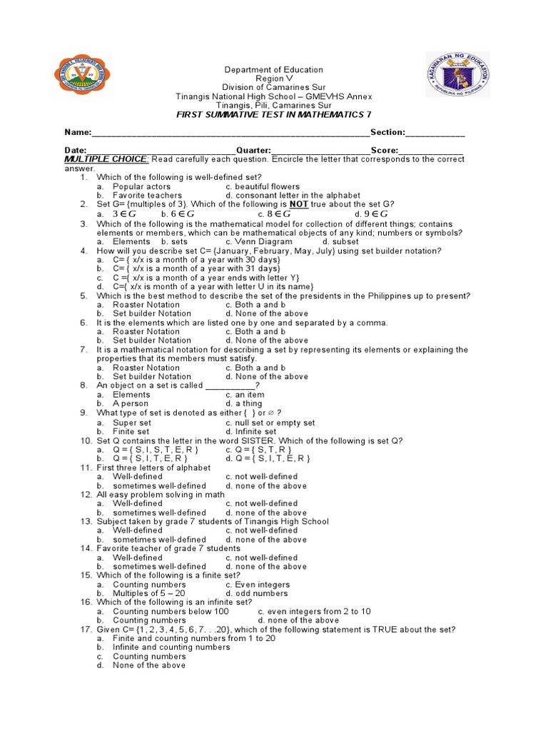 Math 7 Exam 1q Pdf Set Mathematics Mathematical Notation